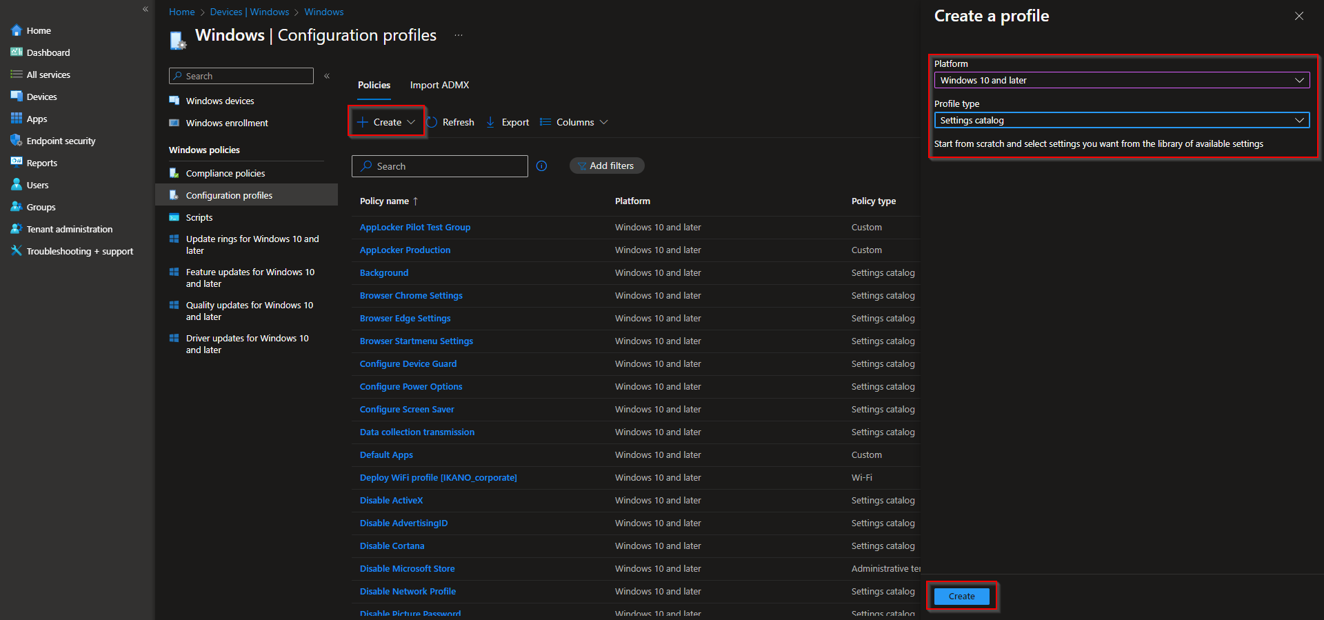 Creating a new configuration profile and selecting Settings catalog